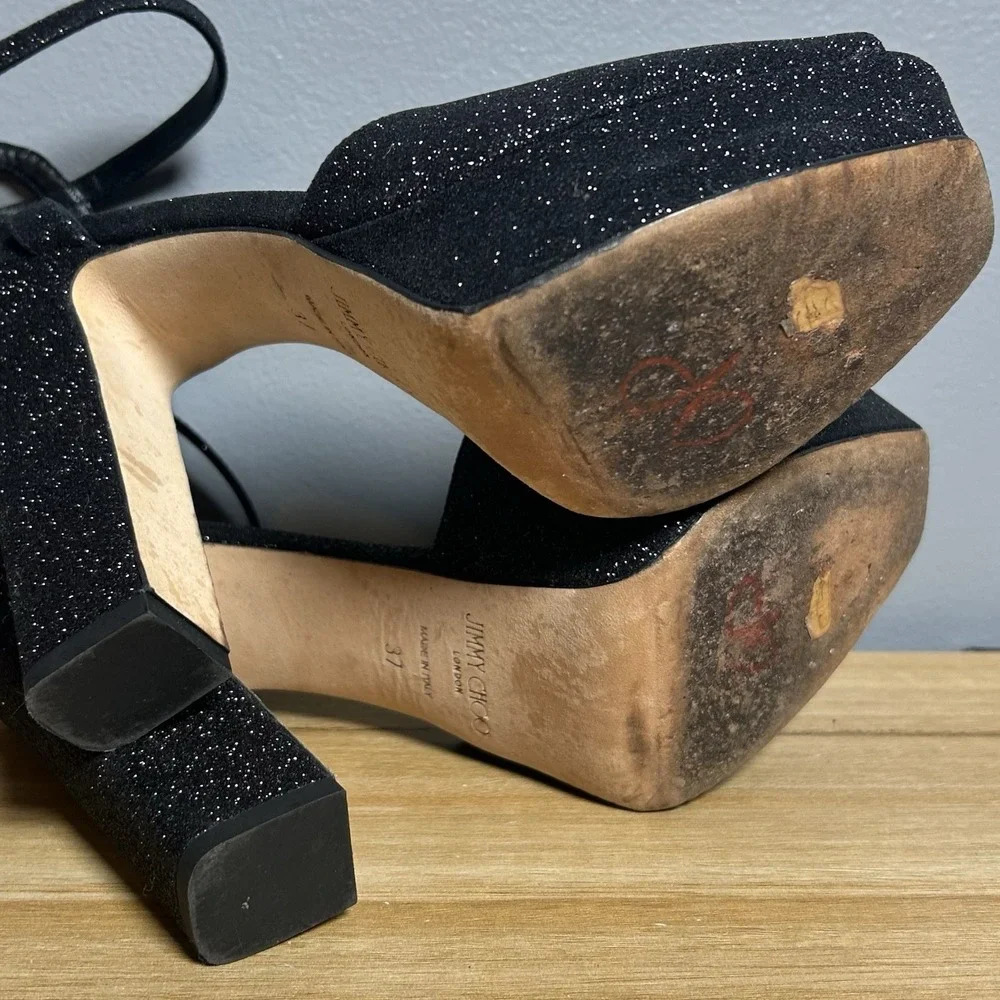 Jimmy Choo London Made in Italy Black Glitter Sacaria Block Platform Sandals